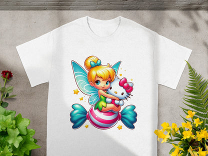 Fairy character with wings hugging a Hello Kitty plush on a candy-striped pillow.