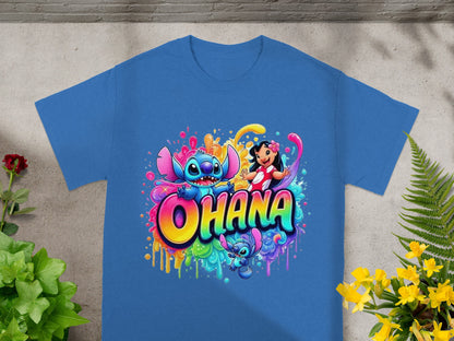 Blue t-shirt with cartoon characters Stitch and Lilo from Disney's Lilo & Stitch.