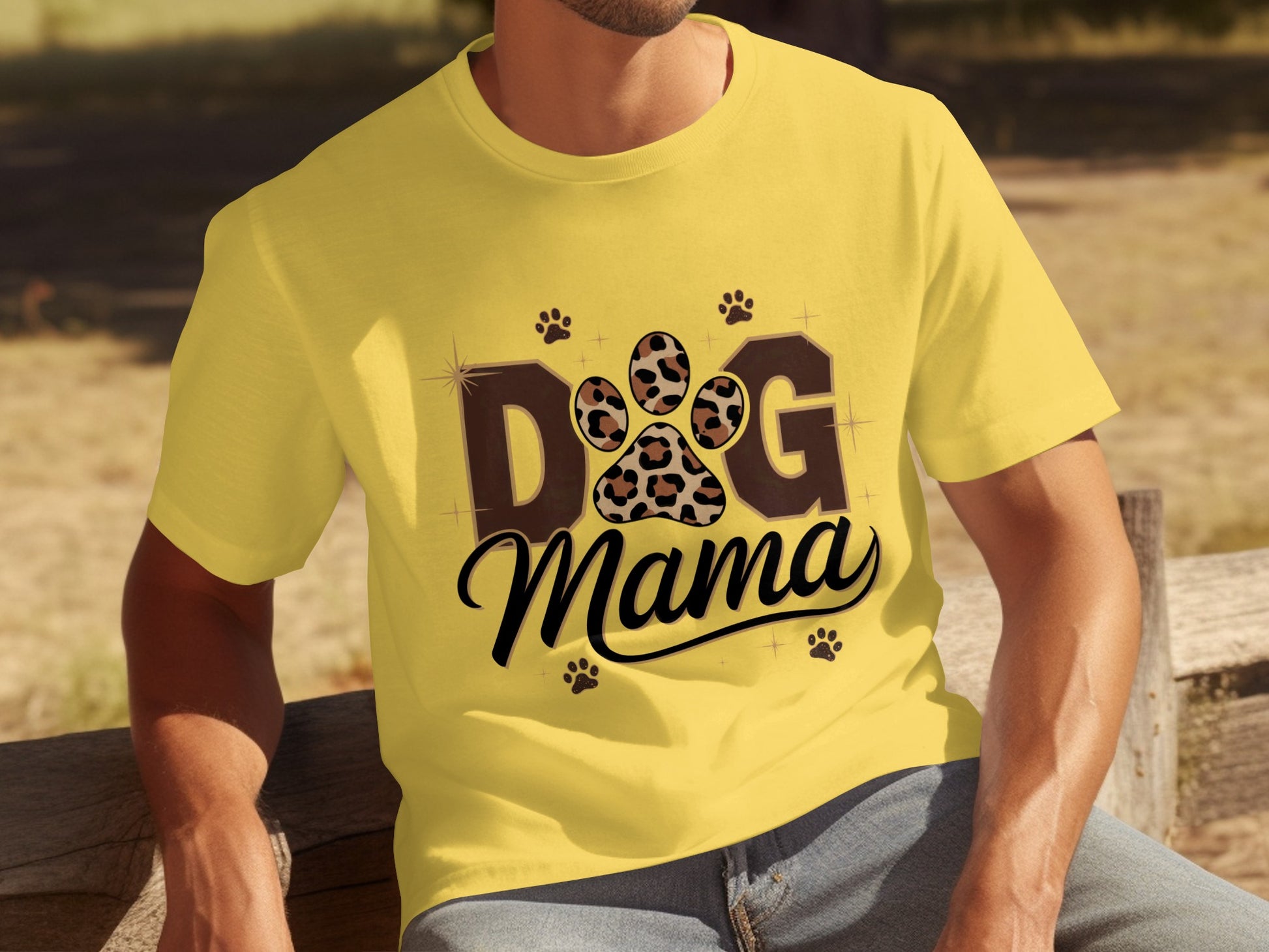 Dog Mama Yellow Shirt with Leopard Paw Print Design