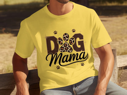 Dog Mama Yellow Shirt with Leopard Paw Print Design