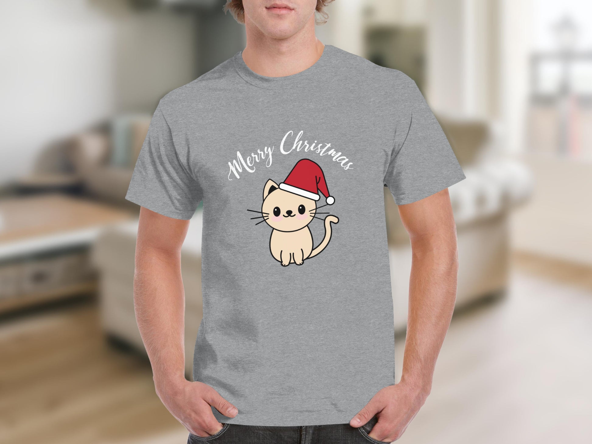 Merry Christmas Cat in Santa Hat T-shirt