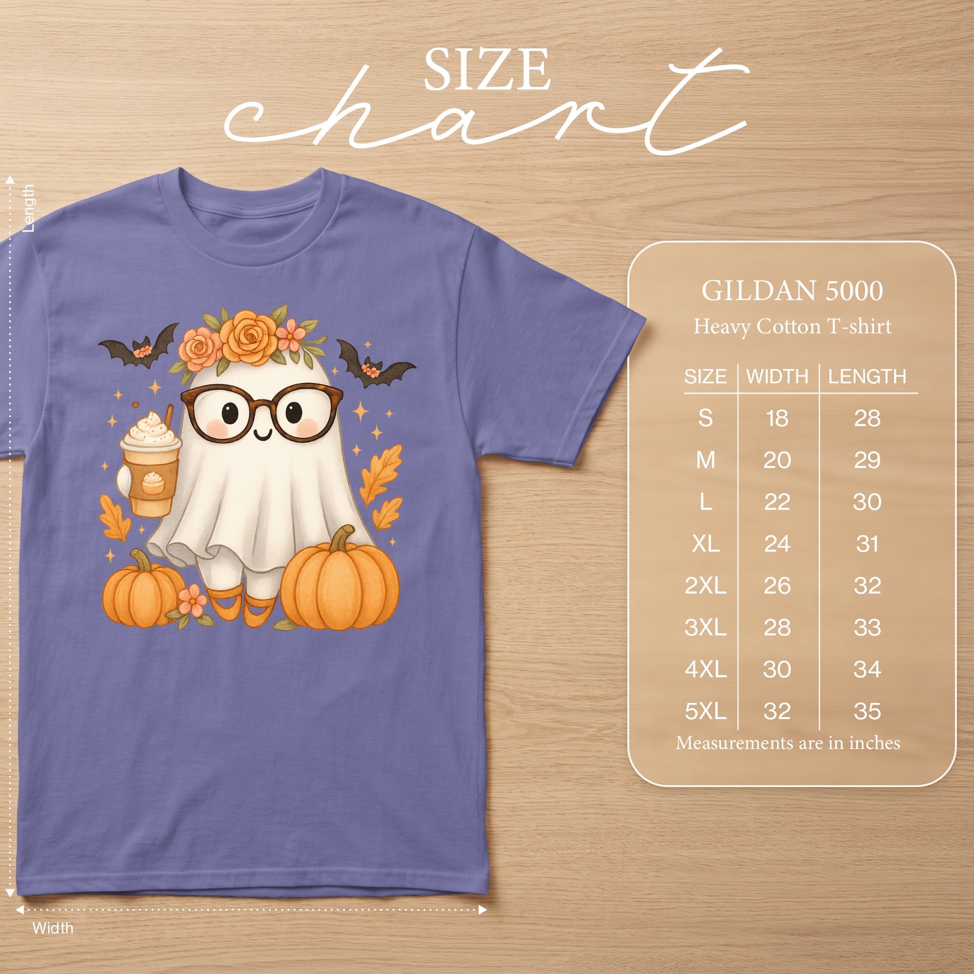 Ghost with glasses, pumpkins, bats, and drink on purple t-shirt with size chart.