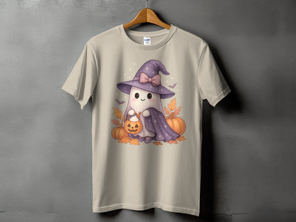 Light tan t-shirt with a cute ghost wearing a witch hat and holding a jack-o'-lantern.