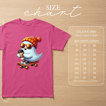 Pink Gildan 5000 Heavy Cotton T-shirt with a cool ghost graphic and size chart.