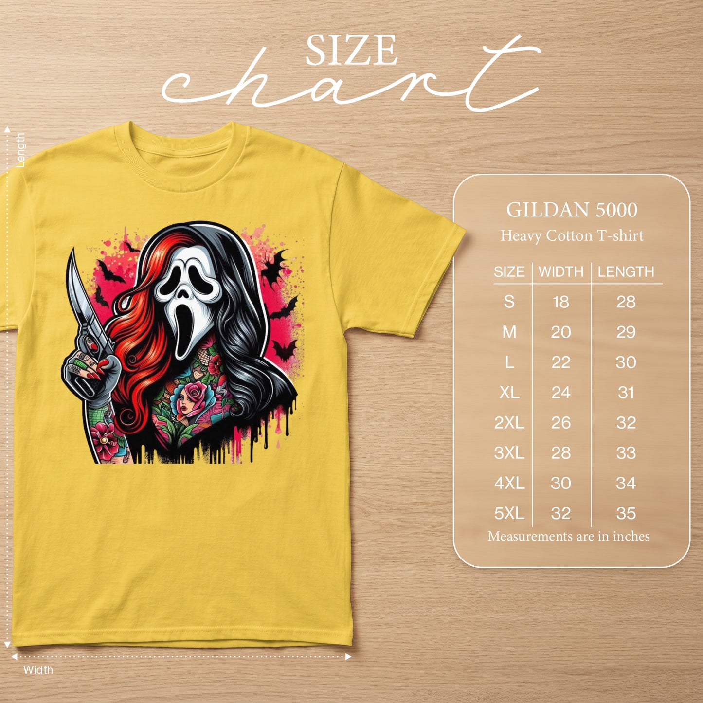 Yellow Gildan 5000 t-shirt with Ghostface tattoo art, size chart.