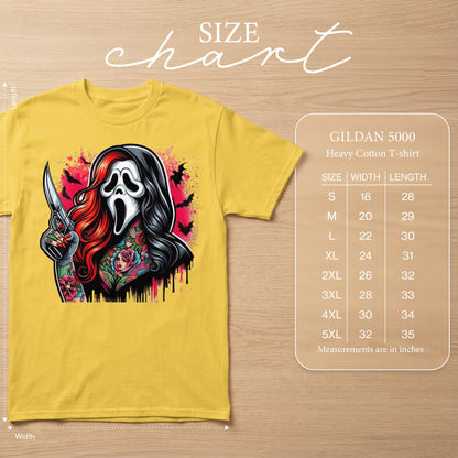 Yellow Gildan 5000 t-shirt with Ghostface tattoo art, size chart.