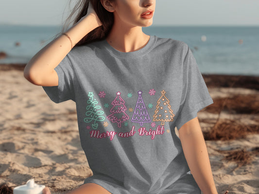 Merry and Bright Christmas Tree Graphic T-shirt