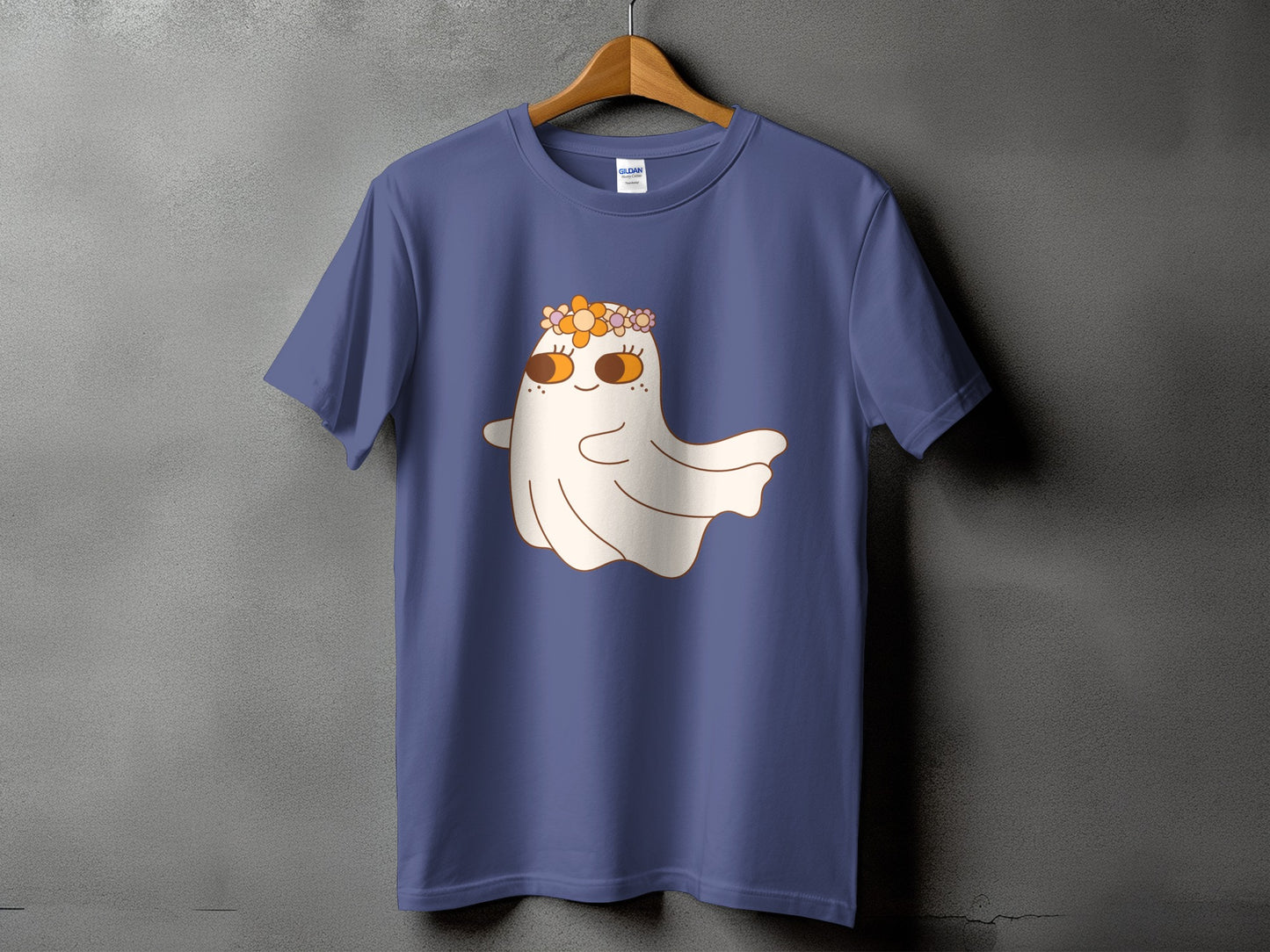 T-shirt with a cartoon ghost wearing a flower crown and smiling.