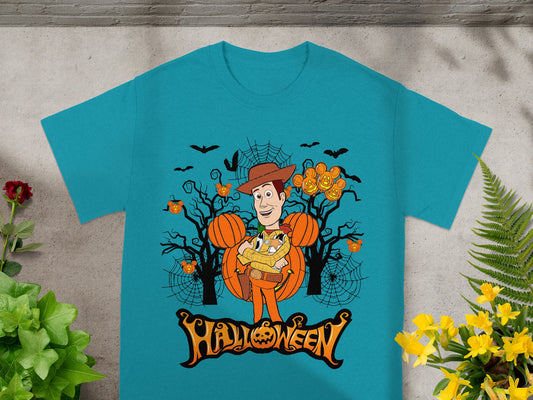 Woody character in Halloween scene with pumpkins, bats, and spiderwebs, text reads "Halloween".