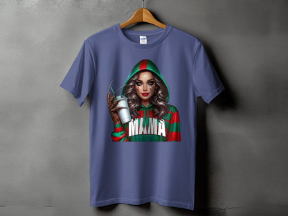 T-shirt with graphic of woman in hooded sweatshirt, holding cup and glove with blades.