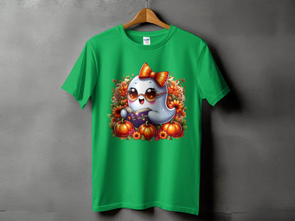 Green t-shirt with cartoon ghost reading a book surrounded by pumpkins and flowers.