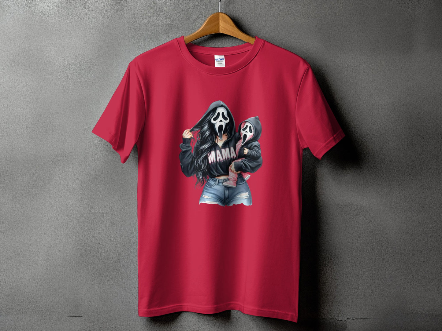 Red t-shirt with graphic of woman and child wearing Scream masks, text "MAMA".