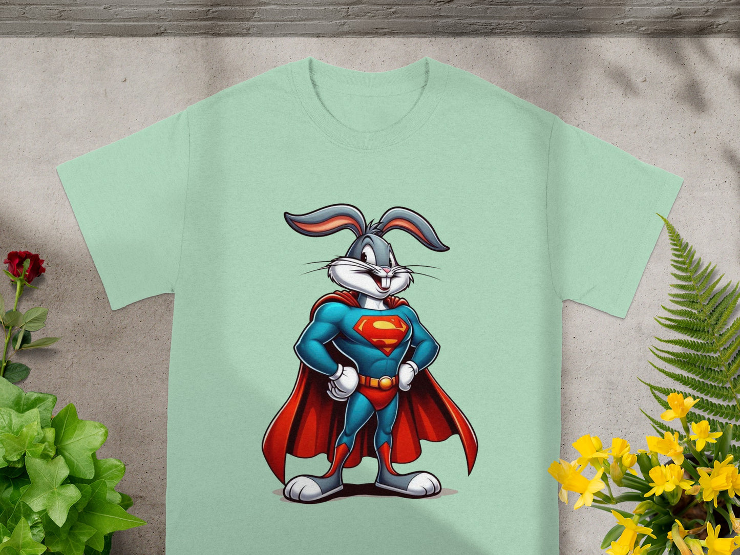 Bugs Bunny dressed as Superman on a light green t-shirt.