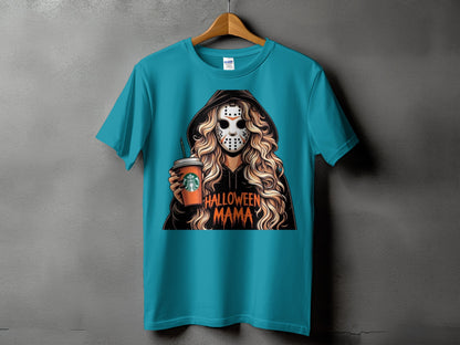 Teal t-shirt with graphic of woman in mask holding coffee cup, text "Halloween Mama."