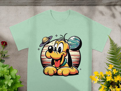 Pluto cartoon character with planets and stars on a light green t-shirt.