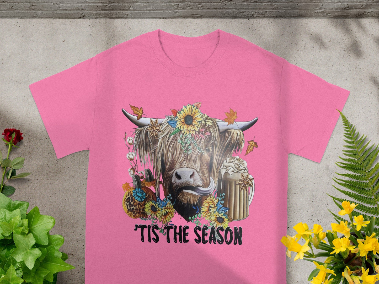 Pink Tis the Season Cow and Sunflowers Graphic Shirt