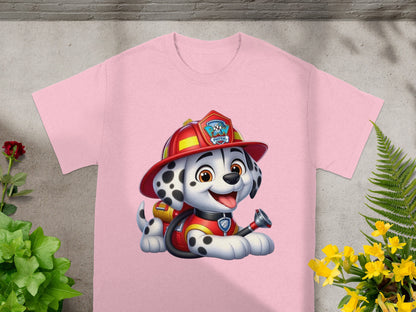 Marshall from Paw Patrol on a pink t-shirt with a watering can.