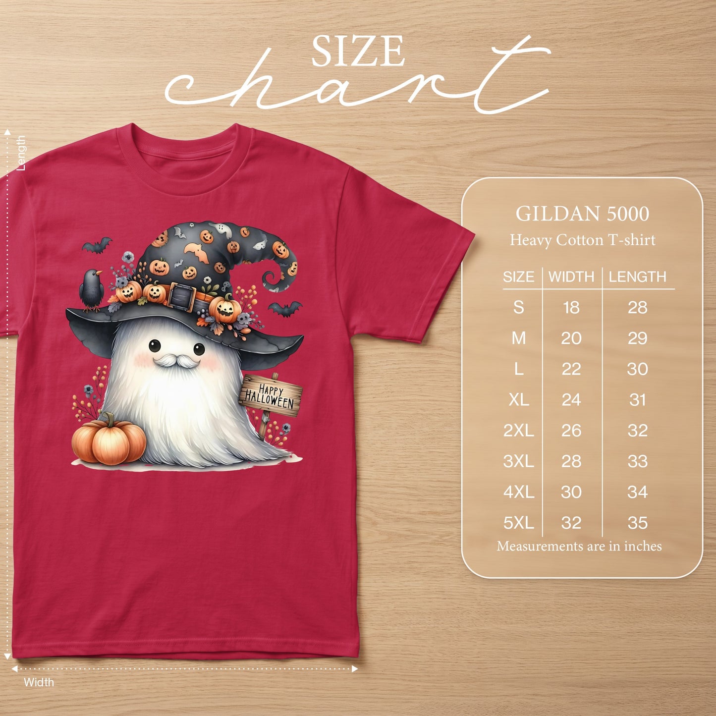 Red t-shirt with cute ghost graphic and Halloween theme. Size chart included.