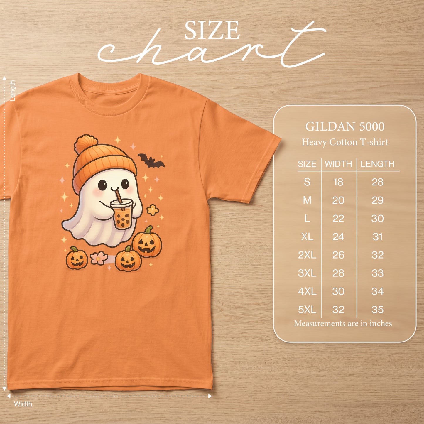 Orange GILDAN 5000 t-shirt with ghost, pumpkins, and boba graphic; size chart included.