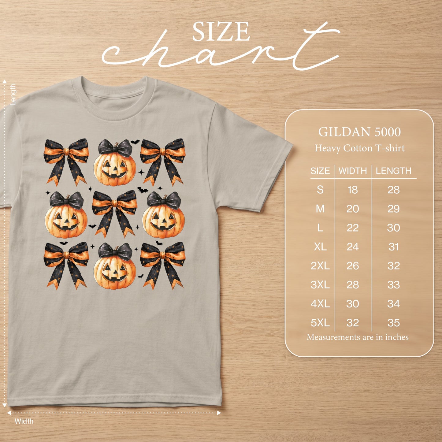 Light grey t-shirt with repeating Halloween pumpkin and bow graphic, size chart included.