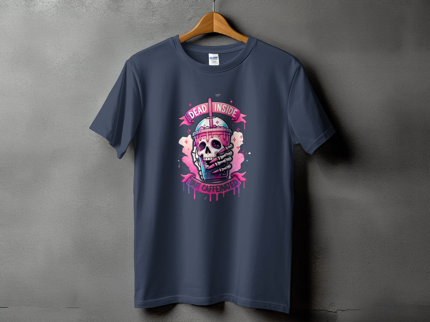 Skeleton hand holds a drink with "Dead Inside But Caffeinated" text.