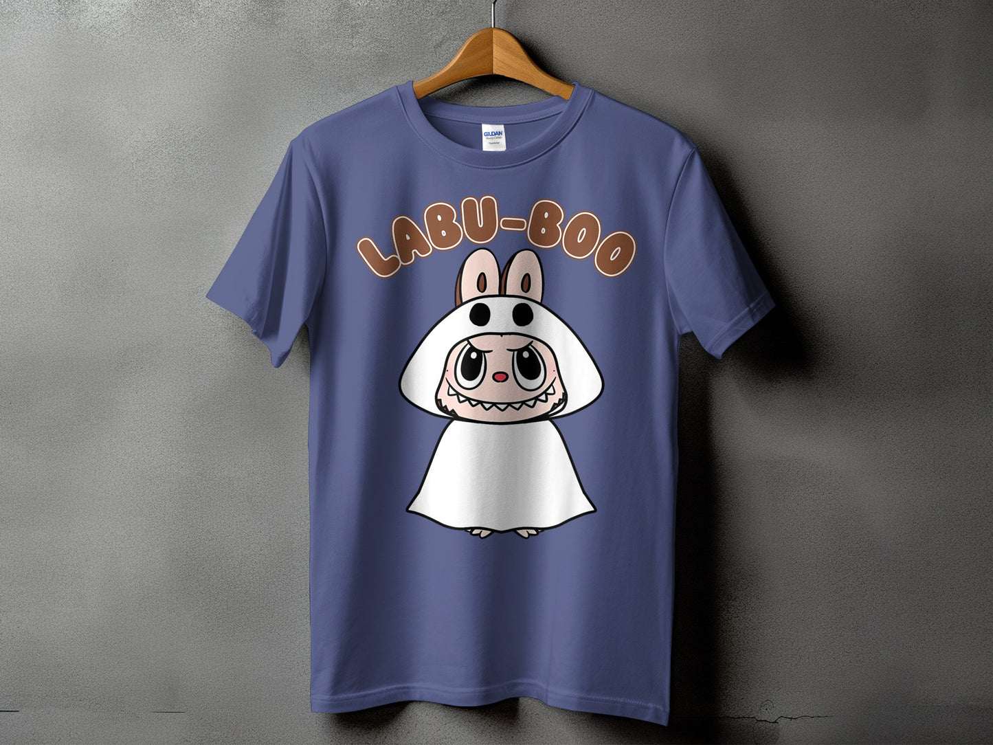 Purple t-shirt with "LABU-BOO" text and a cartoon character in a white hooded outfit.