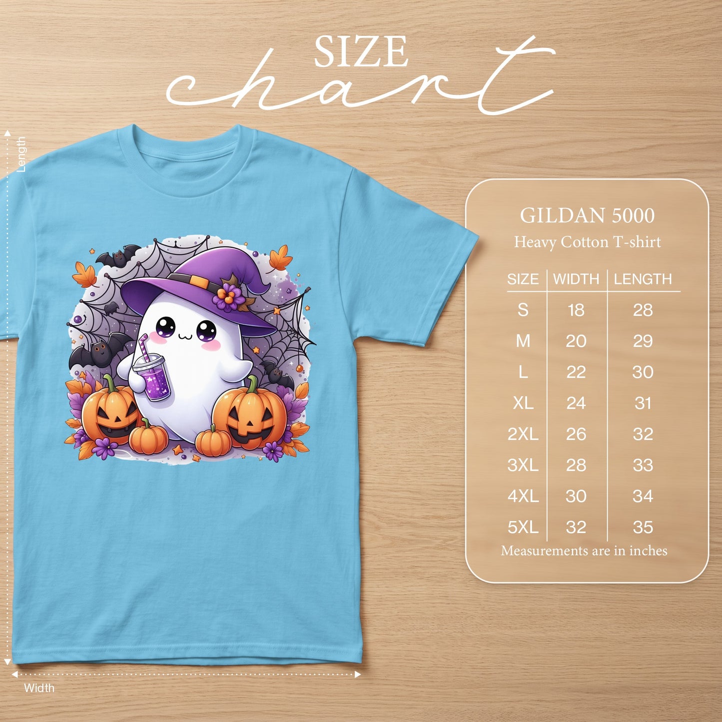 Light blue Gildan 5000 t-shirt with cute Halloween ghost, pumpkins, and bats graphic. Size chart displayed.