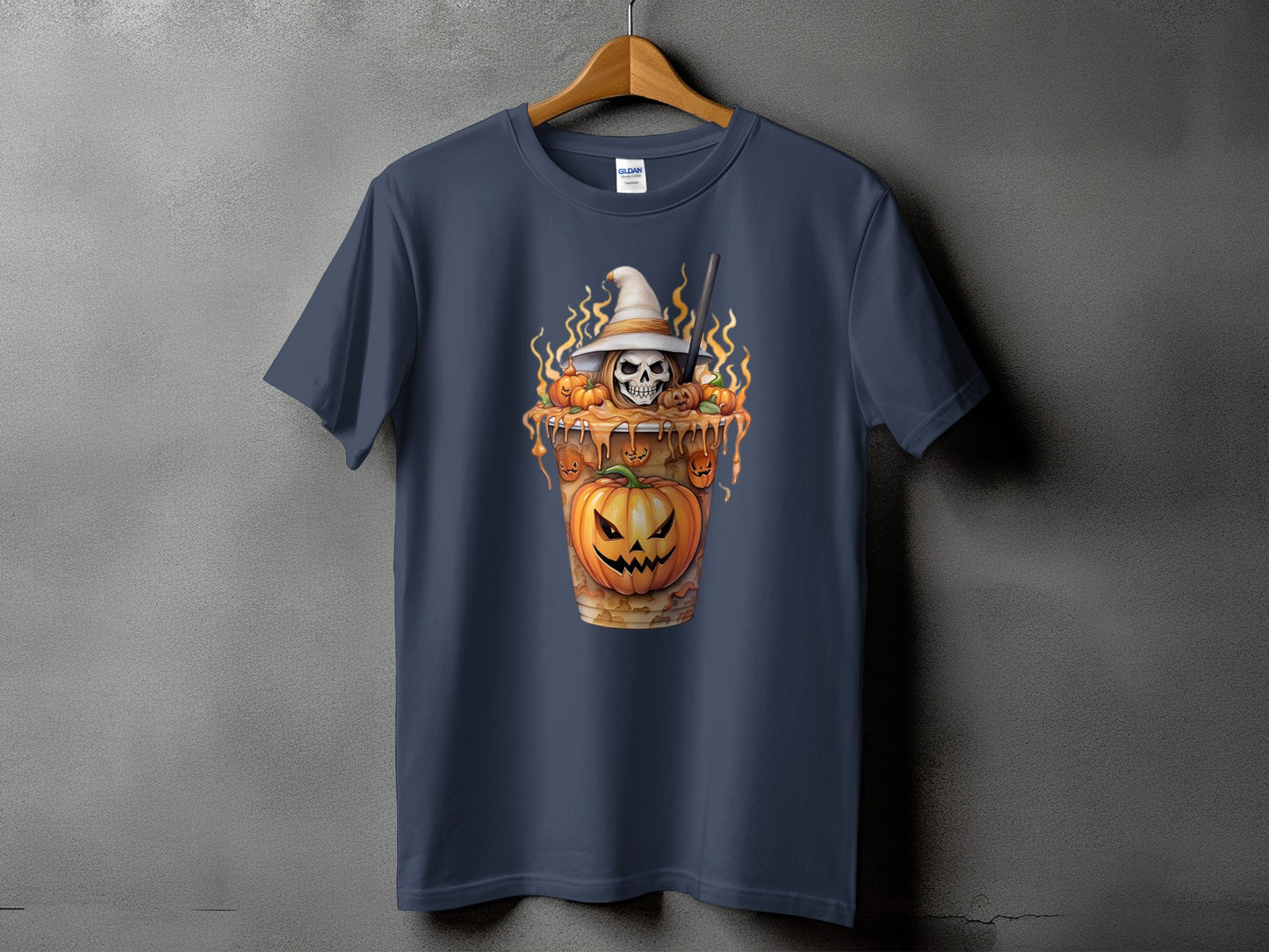 Halloween t-shirt with a skull wearing a witch hat and pumpkins.