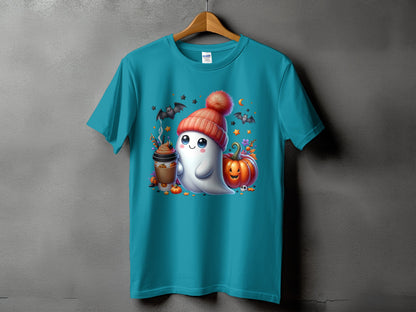 Ghost with pumpkin, coffee cup, bats, and stars on a teal t-shirt.