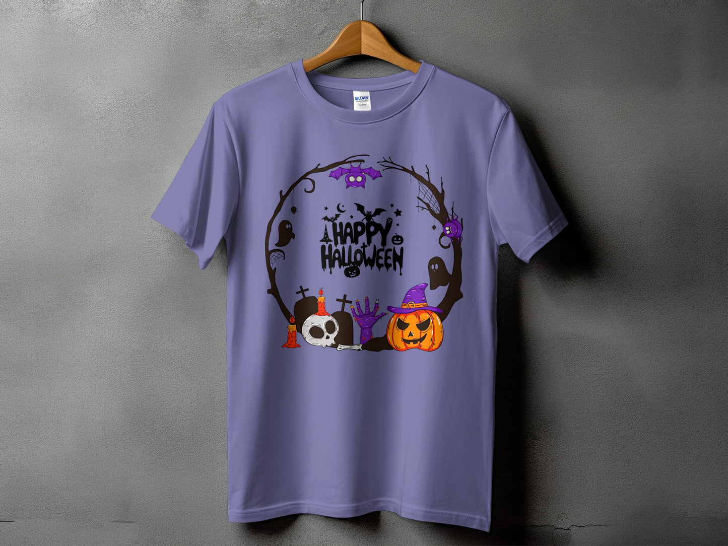 Purple t-shirt with "A Happy Halloween" graphic featuring bats, ghosts, and a pumpkin.