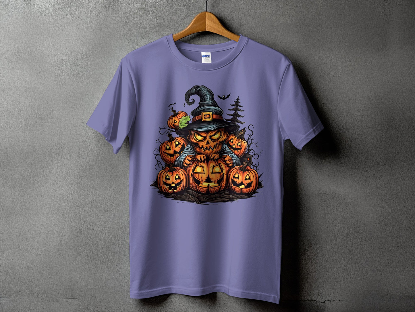 Halloween graphic of carved pumpkins and a spooky figure in a witch hat.