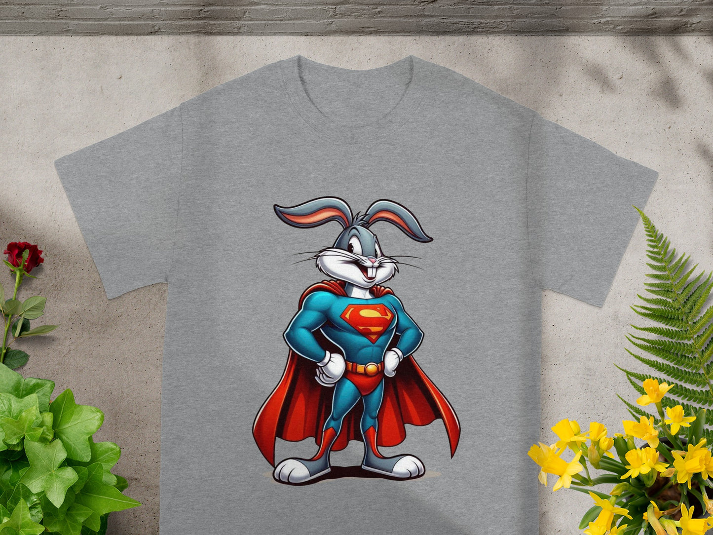 Superhero Rabbit Graphic on Grey T-Shirt Apparel