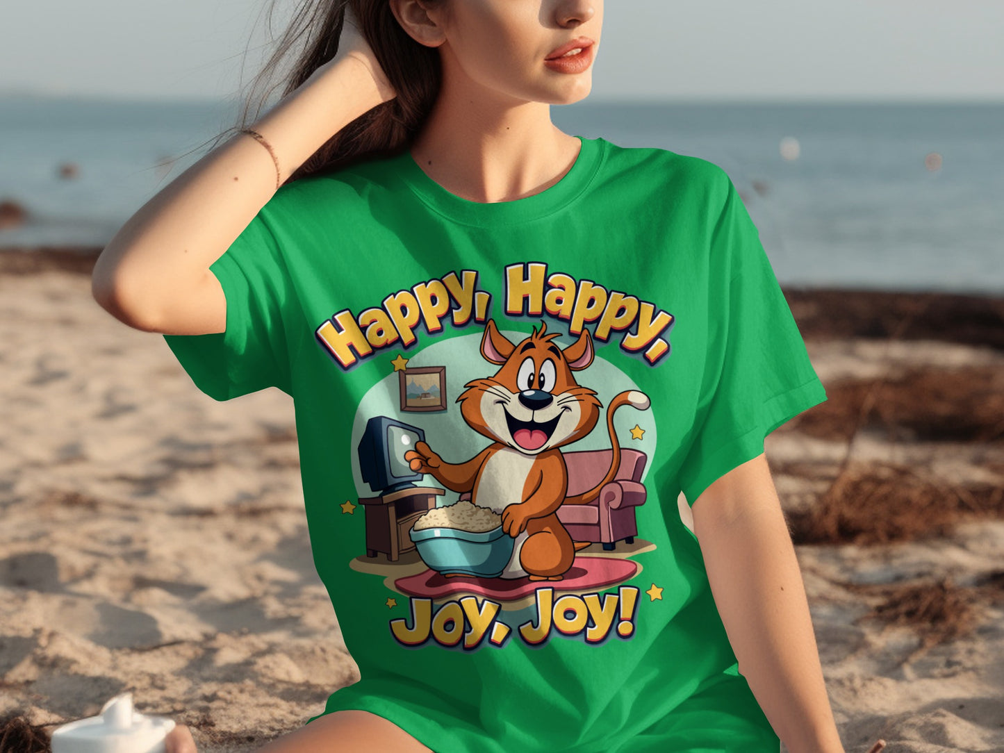 Happy Happy Joy Joy Cartoon Cat T-Shirt Design