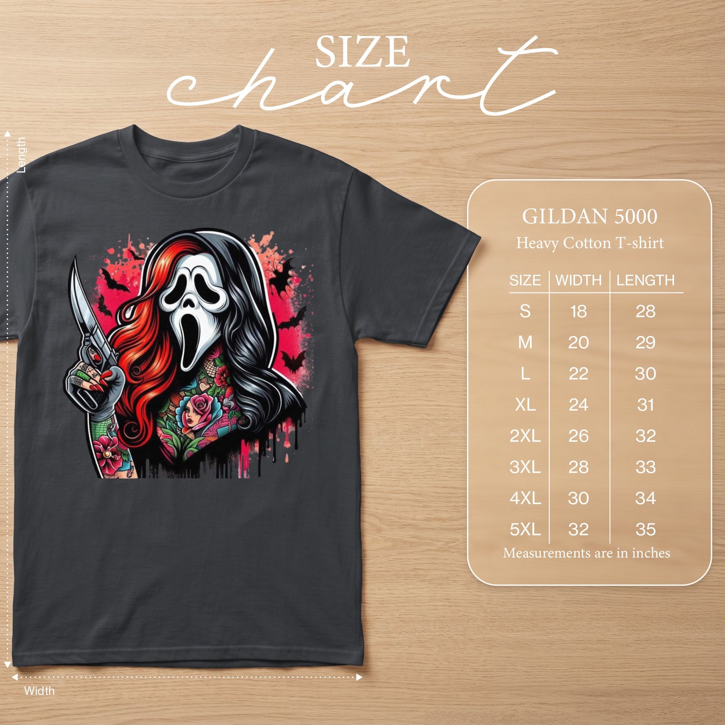 Gildan 5000 heavy cotton t-shirt with a ghost mask and knife graphic.