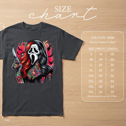 Gildan 5000 heavy cotton t-shirt with a ghost mask and knife graphic.