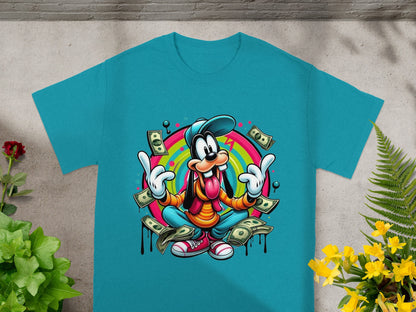 Goofy character sitting cross-legged surrounded by falling dollar bills and a rainbow.