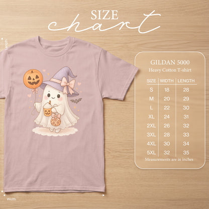 Gildan 5000 Heavy Cotton T-shirt size chart with Halloween ghost graphic.