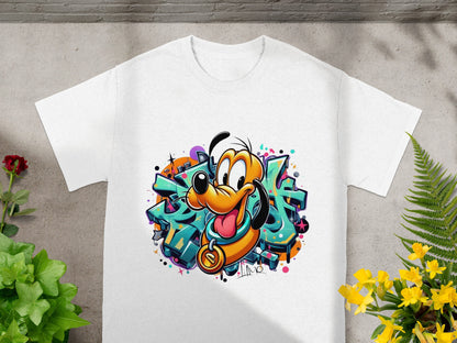 White t-shirt with cartoon dog Pluto and graffiti art.