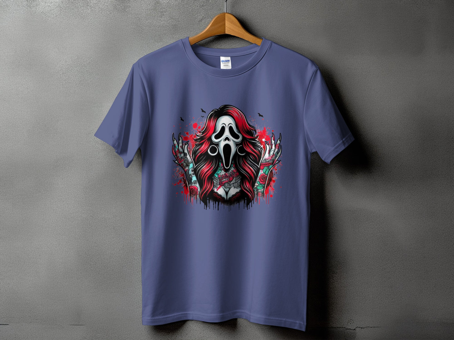 Purple t-shirt with a stylized screaming ghost mask, red hair, and rose tattoos.