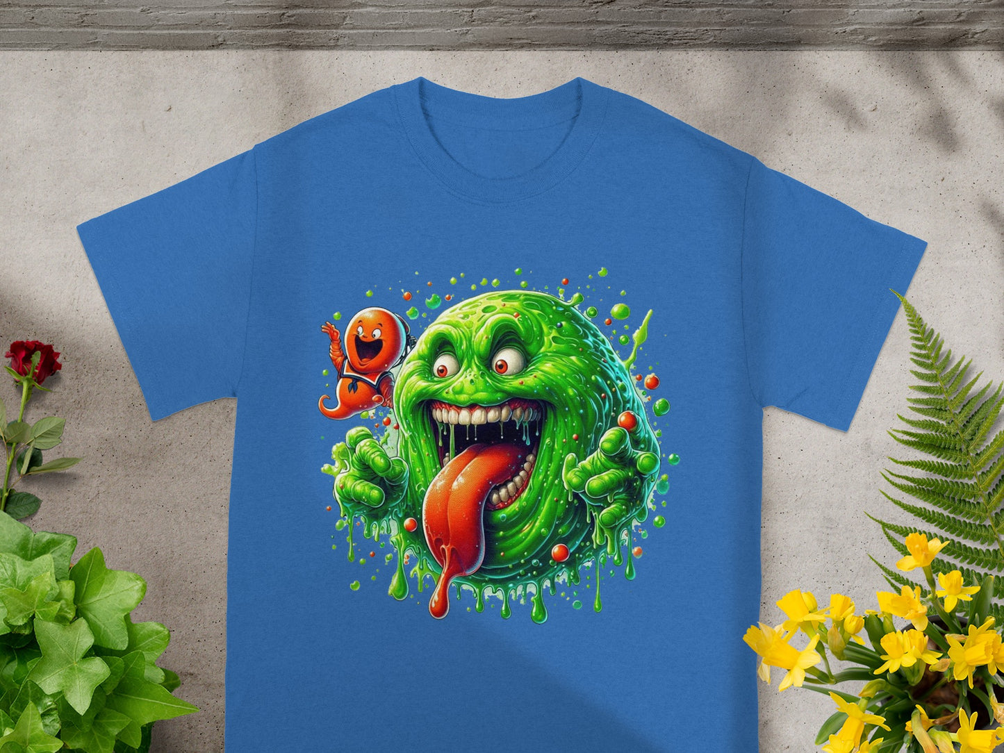 Funny Green Monster Graphic T-Shirt with Orange Character