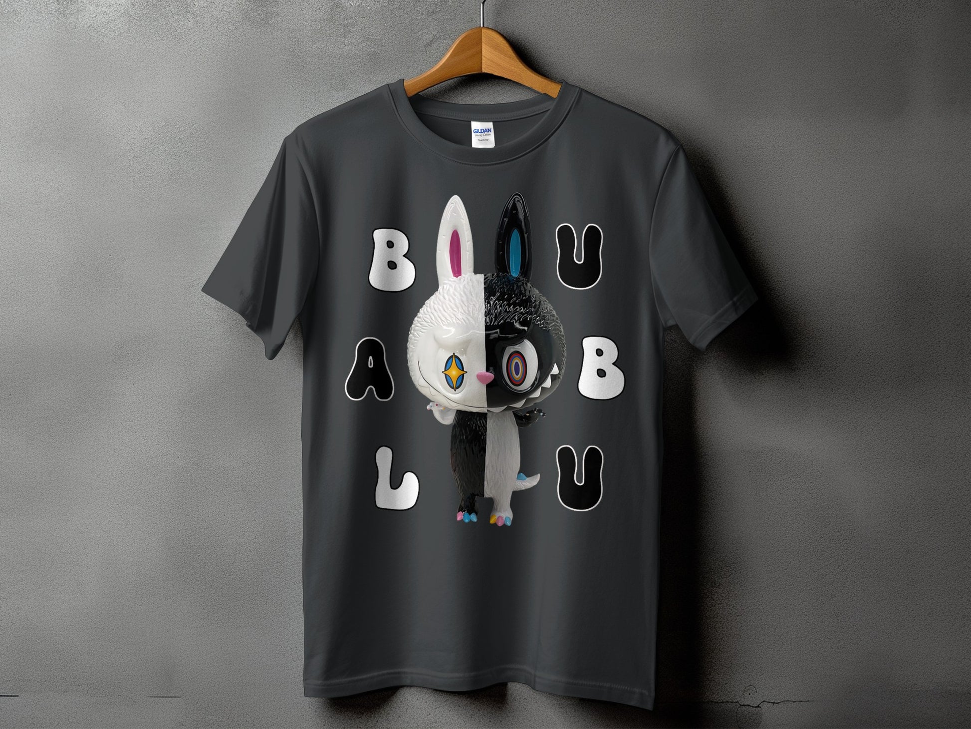 Grey t-shirt with a half black, half white bunny graphic and the words BALU.