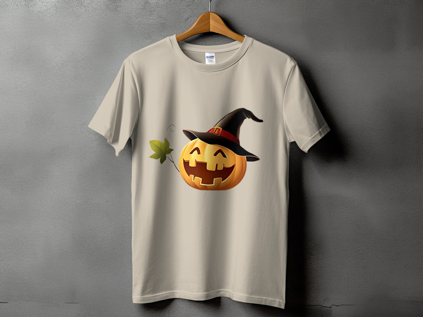 T-shirt with a smiling jack-o'-lantern wearing a witch's hat.