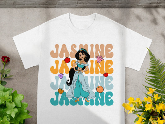 Princess Jasmine on a white t-shirt with "Jasmine" text in colorful letters.