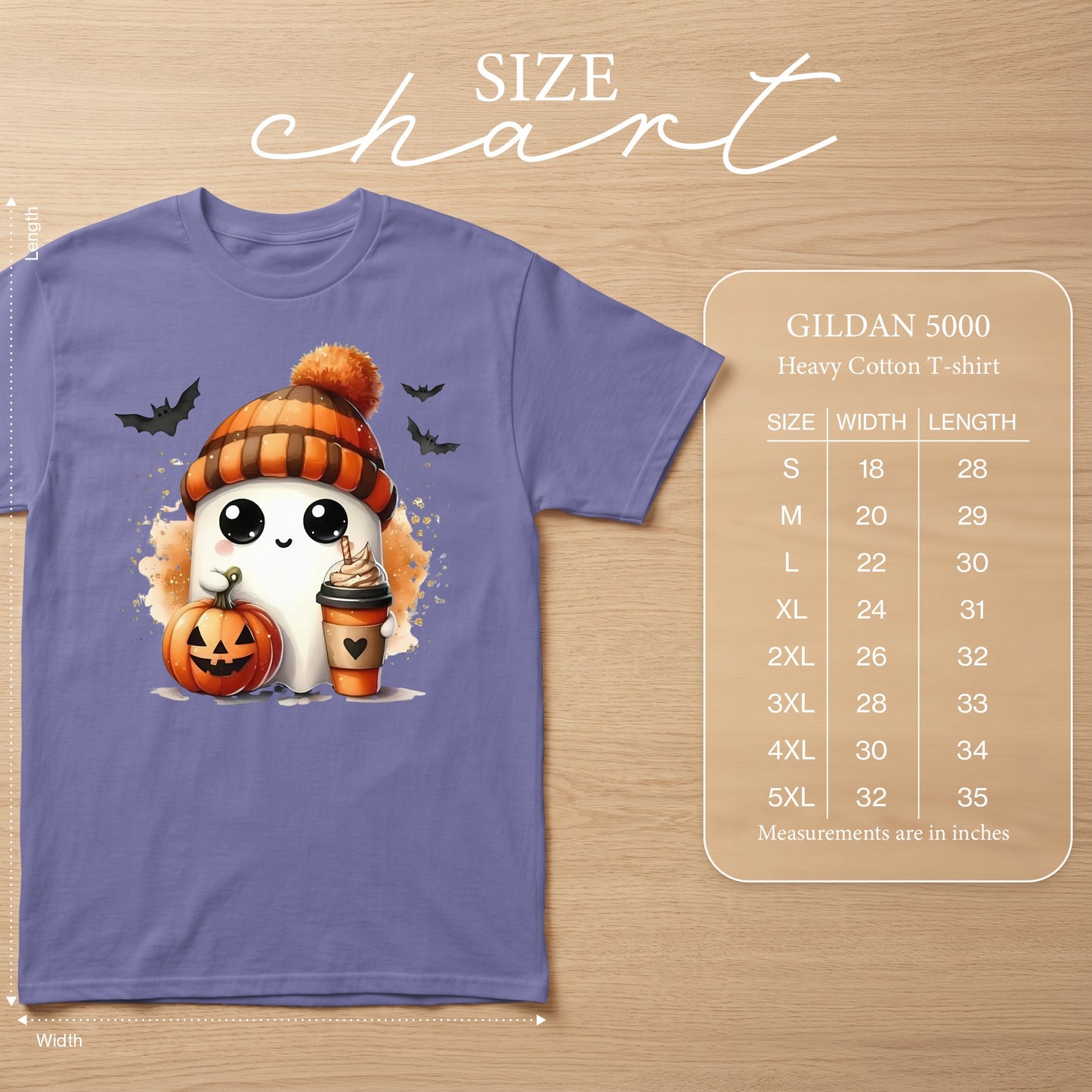 Purple Gildan 5000 heavy cotton t-shirt with a cute ghost, pumpkin, and coffee cup graphic.