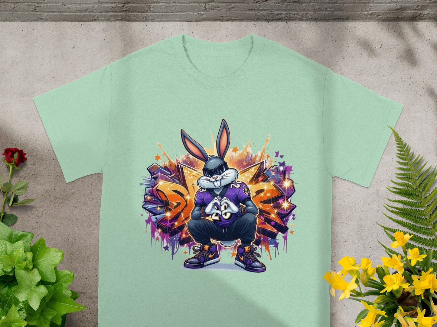 Cool Graffiti Bunny Character Teal Graphic T-Shirt