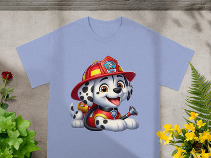 Light blue t-shirt featuring Marshall from Paw Patrol in a firefighter uniform.