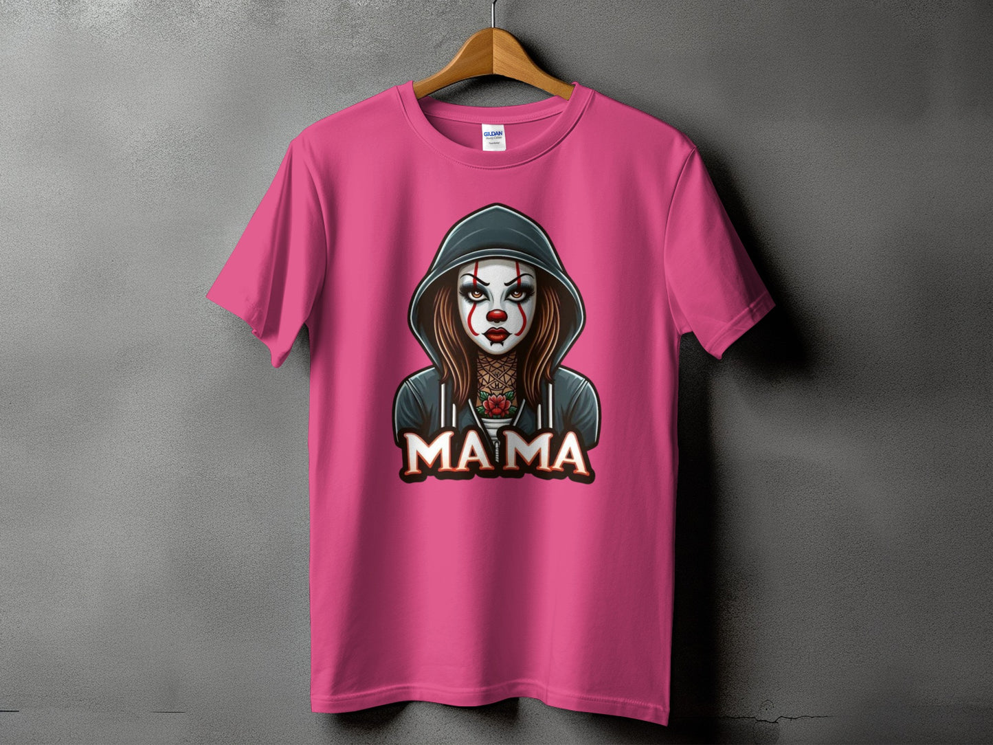 Pink t-shirt with graphic of a clown character and the word "MAMA".