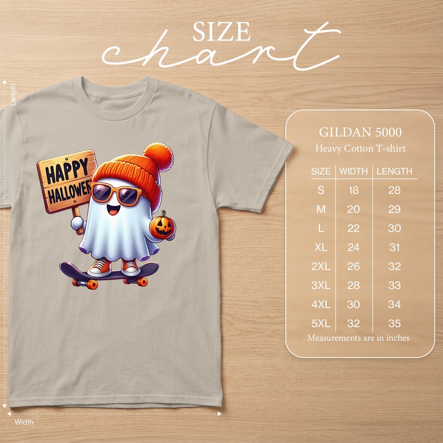 Ghost with pumpkin on skateboard, holding "Happy Halloween" sign, with Gildan 5000 size chart.