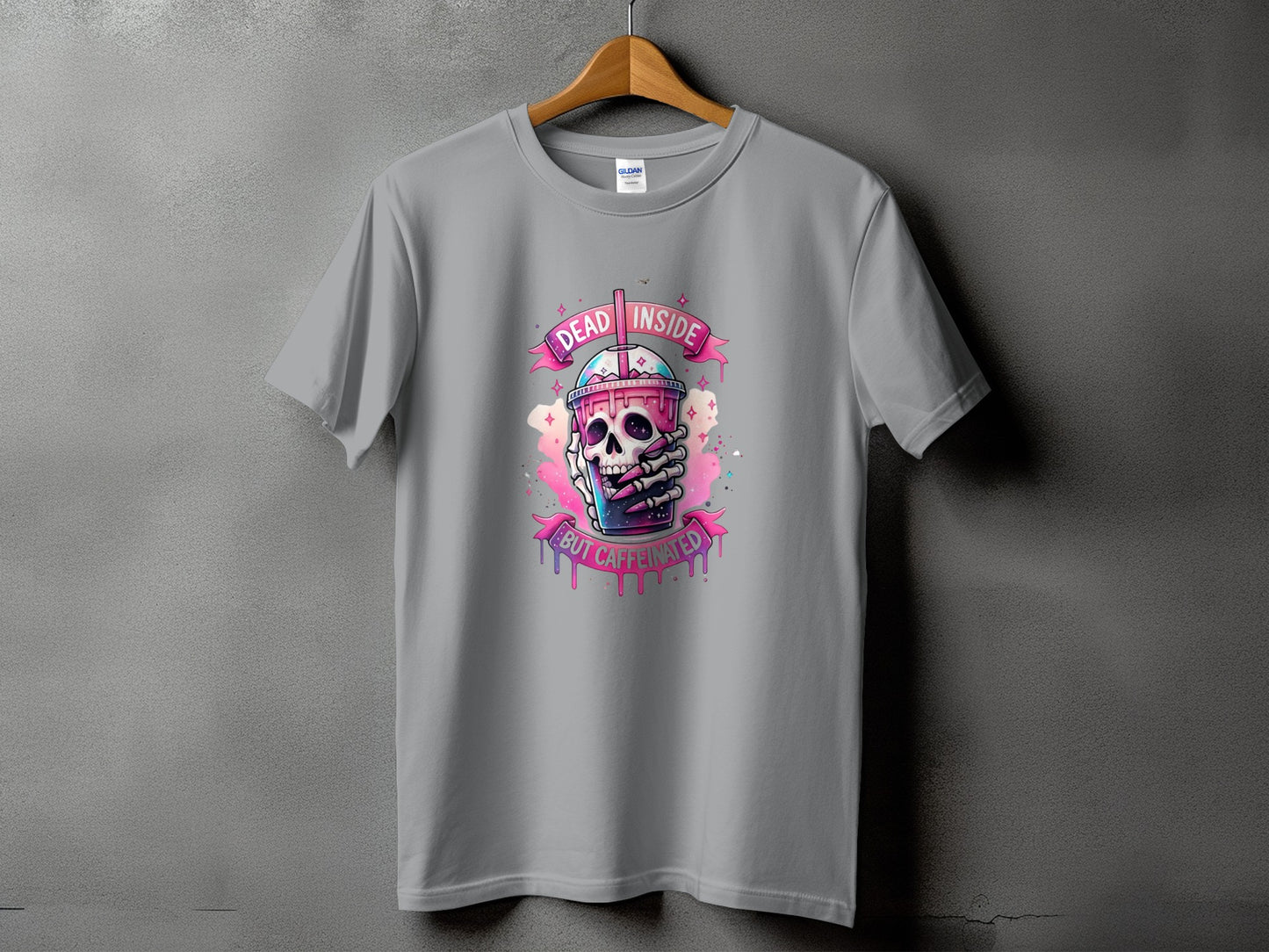 Gray t-shirt with skull, pink drink, and text "Dead Inside But Caffeinated".