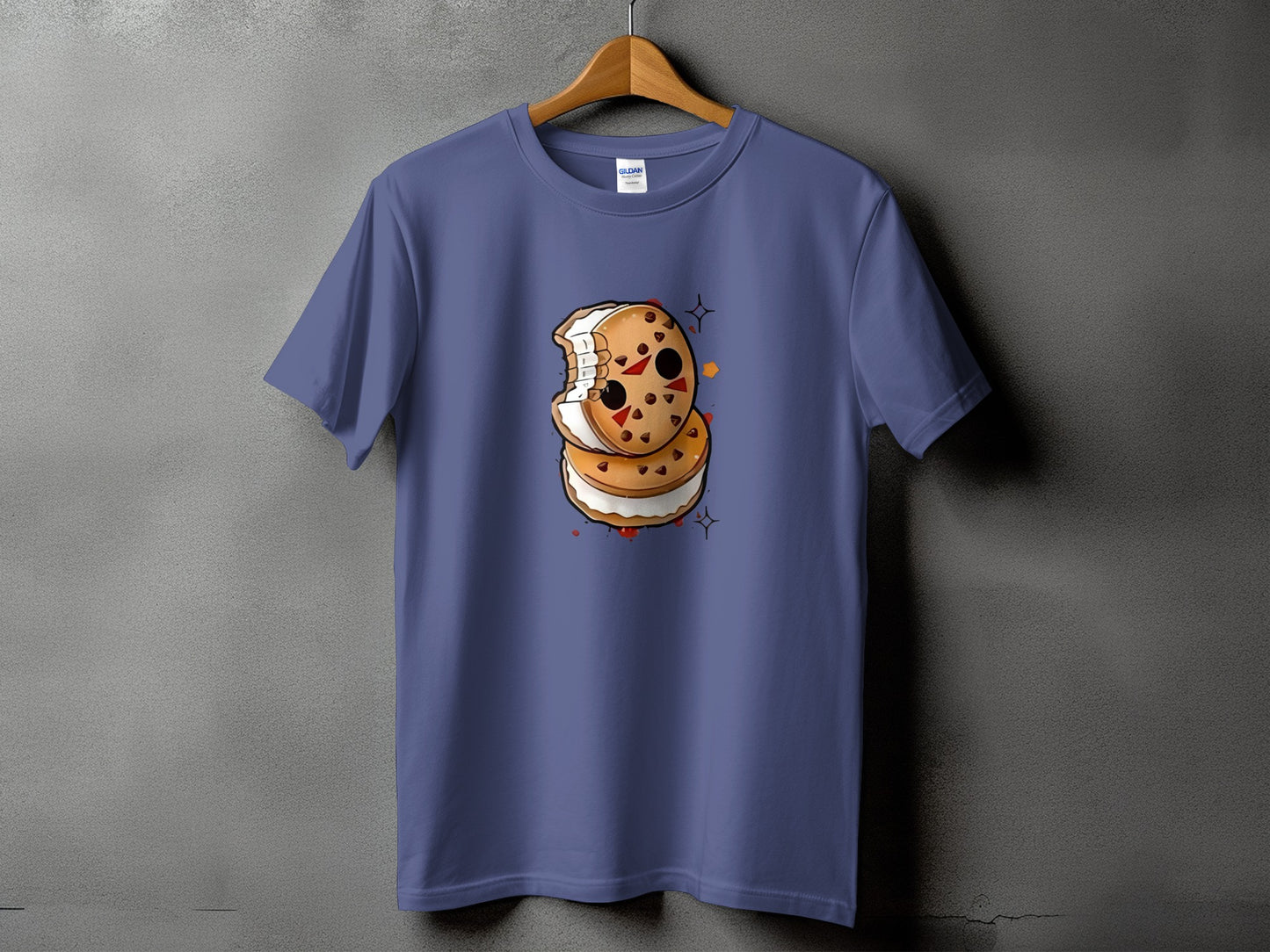 T-shirt with a cartoon cookie and cream sandwich graphic with a bite mark.
